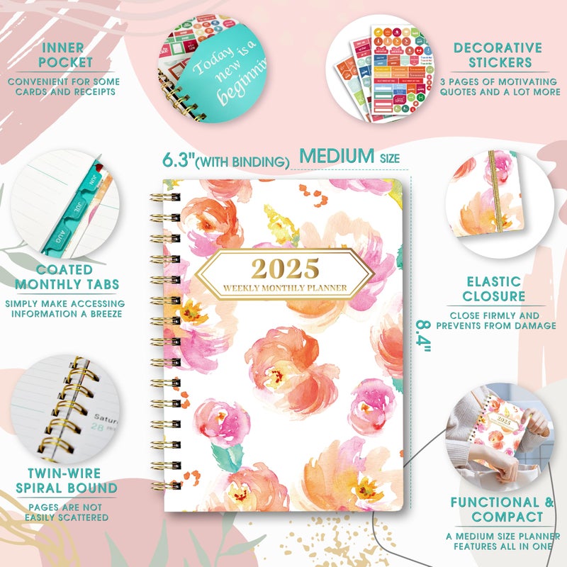 Ymumuda 2025 Planner, 12-Month Daily Weekly Monthly Planner from JAN.2025 to DEC.2025, 8.4"" X 6"", Spiral Planner Notebook with Stickers, Elastic Closure, Inner Pocket - Image 5